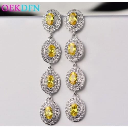 OEKDFN Real 925 Sterling Silver Drop Earrings Citrine Sapphire Emerald Topaz Gemstones Long Dangle Women Luxury Fine Jewelry