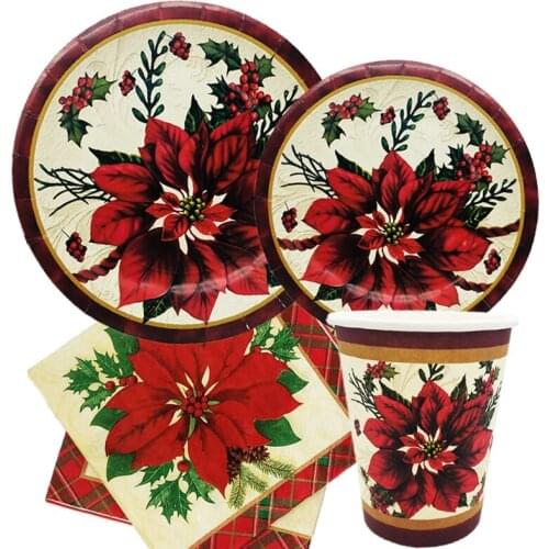 Omilut Christmas Flowers Tree Disposable Set Decor Merry Christmas Disposable Plates Cups Napkins for Happy New Year