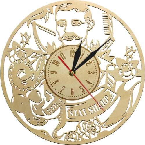 Stay Sharp Barber Shop Sign Logo Handmade Wooden Wall Clock Beauty Salon Art Wall Watch Timepiece Hair Professional Stylist Gift