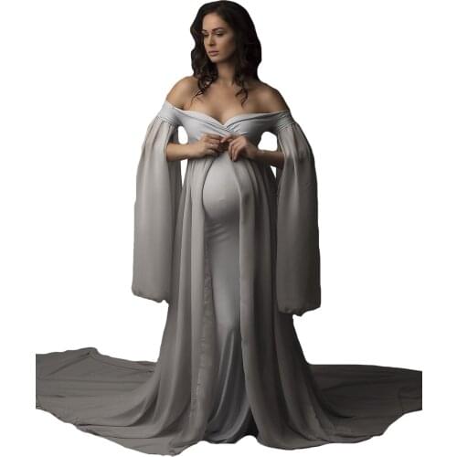 Pregnant Women Pajamas Robe Sexy Nightgown Off Shoulder Long Sleeve Chiffon Sleepwear Bathrobe Mesh Prom Bridesmaid Shawl