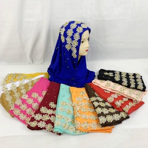 12/pcs Wholesale Order African Women Nigeria Dubai Scarf Soft Cotton Lace Beads Embroidery Dubai Islamic Muslim Scarf for Shawls