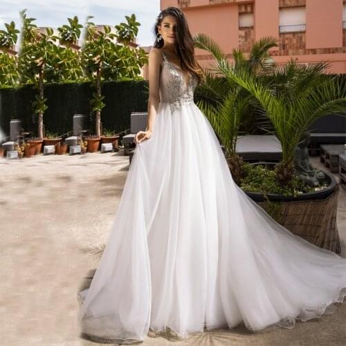 Wedding Gowns for Bride 2020 Spaghetti Straps Crystals Beaded Lace Appliques Tulle Weeding Dress Women Tv10