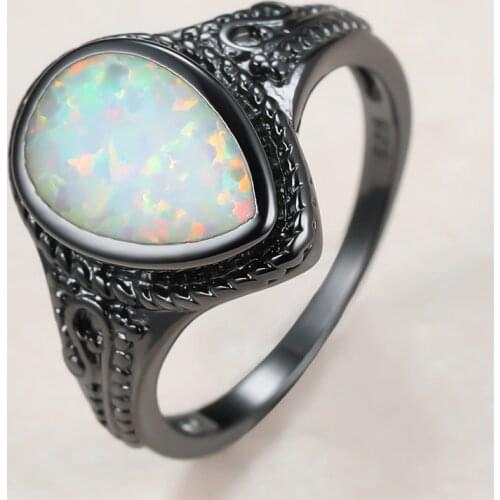 Vintage Male Female Water Drop Thin Ring Charm 14KT Black Gold Wedding Rings For Women Men Cute White Opal Stone Engagement Ring