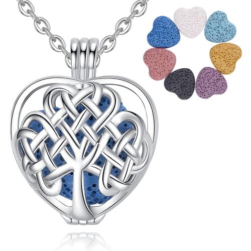 Eudora 20mm Lava Necklace Pendant Heart Volcanic Stone Tree of life Cage Pendant Necklace For DIY Essential Oil Perfume KFC10N20