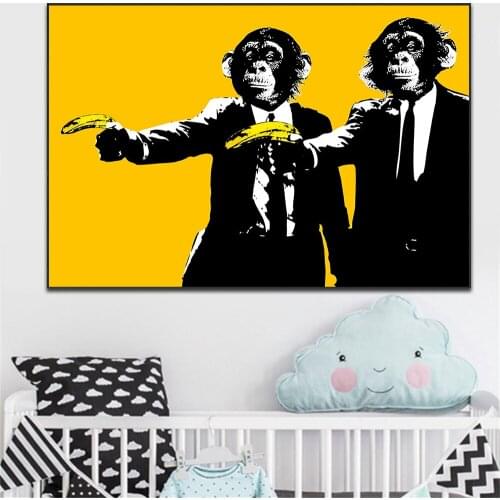 Funny Animal Modern Yellow Wall Monkey Gorilla Holding Banana Canvas Painting Poster and Print Wall Art Picture for Living Room