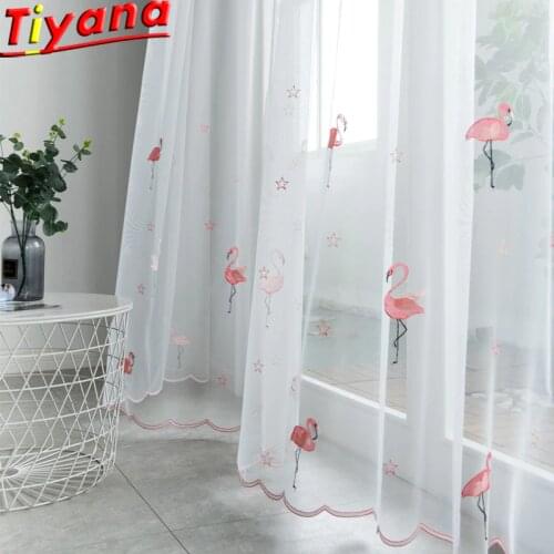 Flamingo Embroidery Curtain for Kids Room White Tulle for Living Room Pink Flamingo Curtains for Girls Room Hot Sales WP238#30