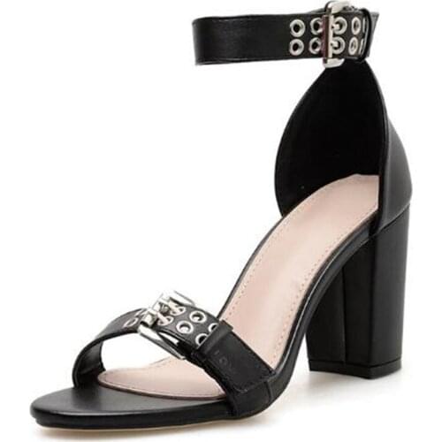 Women sandals PU Buckle Strap 8CM Square heel High heels Round Toe Shallow women shoes sandalias mujer 2020 size 35-42 black