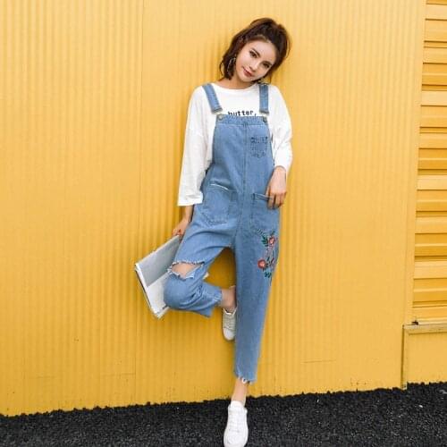 New 2018 Women Denim Overalls Female Spring High Waist Loose Flower Embroidery Ankle-Length Pants Casual Cotton Jeans AIYANGA