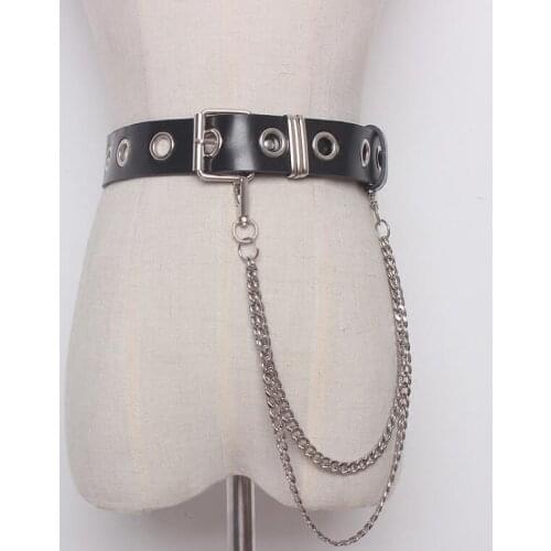 Womens runway fashion punk style PU leather chain Cummerbunds female Dress Corsets Waistband Belts decoration wide belt R1420