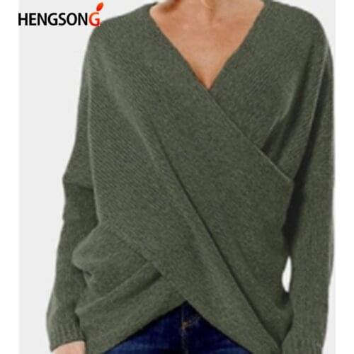 Sexy Autumn And Winter Women Knitting Pullover Sweaters Female Cross Wrap Sweater Long Sleeve V Neck Loose Casual Pullover