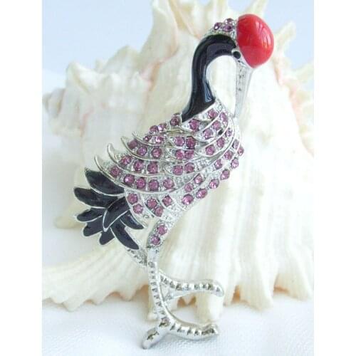 2.76" Purple Rhinestone Crystal Red-crowned Crane Brooch Pin SMT06634C2