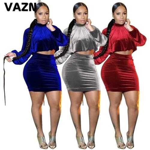 VAZN 2020 Top Quality Young Free Office Lady Sexy Elegant Solid Full Sleeve Group High Waist Mini Skirts Slim Women 2 Piece Set
