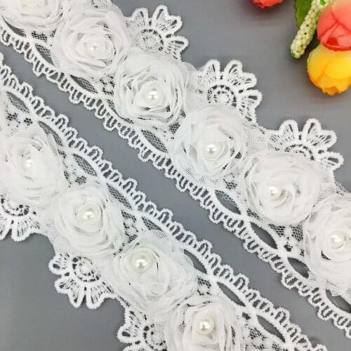 20x White Cotton 3D Flower Pearl Beaded Lace Trim Ribbon French Fabric Sewing Craft Wedding Dres For Costume Decoration