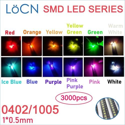 3000PCS SMD LED 0402 1005 red white pink purple blue yellow green red orange High Light ice warm white jade pure green clear