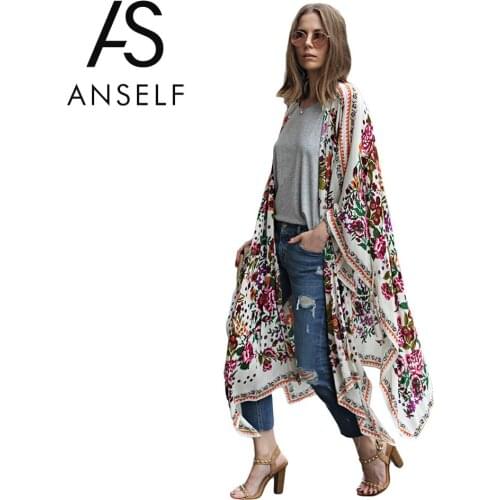 Anself 5XL Plus Size ladies beach wear Women Chiffon Kimono Cardigan Floral Print Pareo Asymmetric Boho Loose Bikini Cover Up