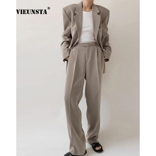 VIEUNSTA Fashion Solid Color Wide Leg Pants Loose Side Pocket Buttons Zipper Formal Wear Suit Pants High Waist Thin Casual Pants