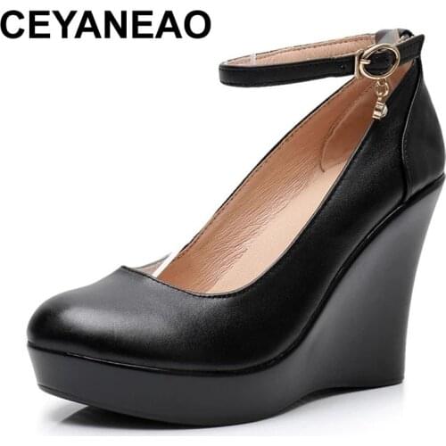 CEYANEAO Fashion Ankle Strap High Wedges Platform Pumps For Women Casual Genuine Leather Black Work Shoes High Heels