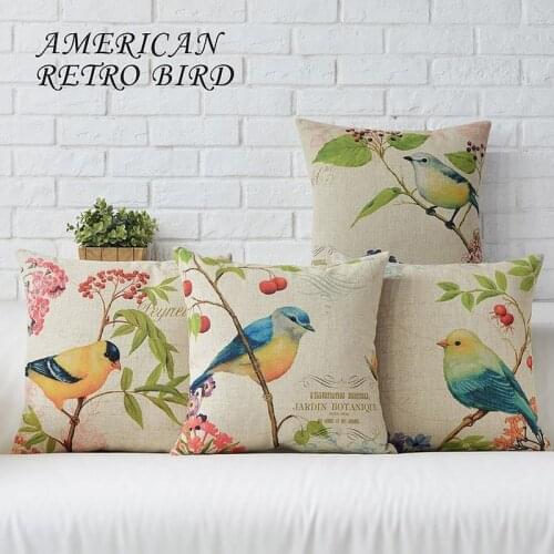 American style Rural Flowers birds elegant Pillow Cover Home Decorative Pillows Linen Pillow Case Office Sofa Cushion Cover