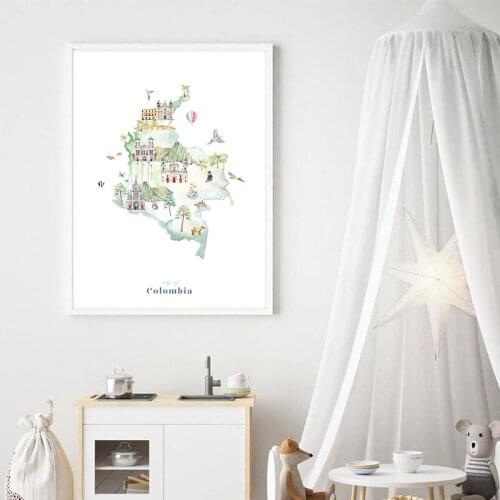 Colombia Illustrated Animal Map Cartoon Poster Canvas Painting Nursery Wall Art Prints Landmarks Travel Drawing Kids Room Decor