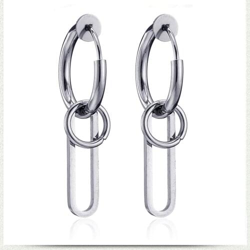 Fashion Geometric Circle Rectangle Clip Earrings for Men Boy Stainless Steel Earring Punk Jewelry