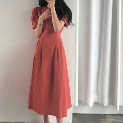Summer Dress Korean Chic Lace Up Waist Plus Size White Puff Sleeve A Line Cotton Linen Dress Women Solid Vestido De Mujer 15279
