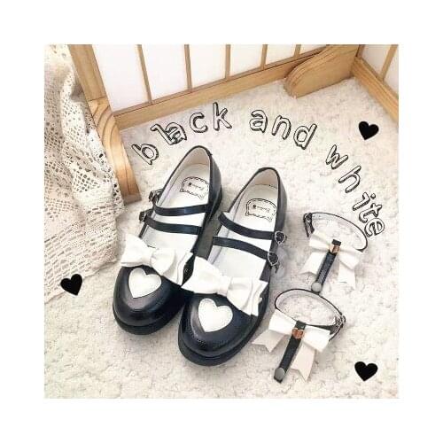 Lolita small leather shoes bow love low with cute round head Bowknot Princess Kawaii Girl Women Shoes Vintage Sweet Lolita girl