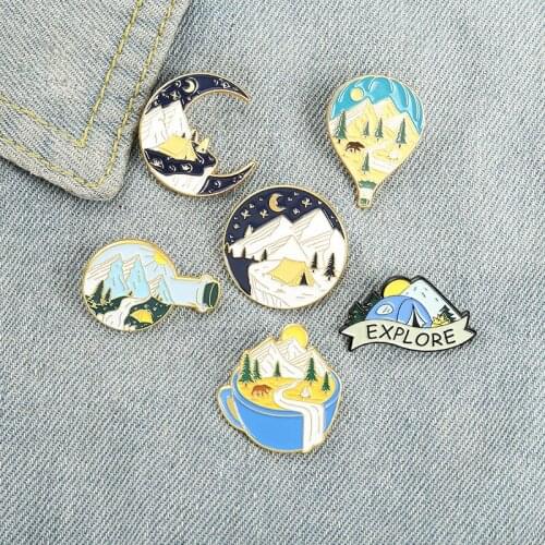Fashion New Starry Sky Mountain Shaped Alloy Brooch Ins Creative Coffee Hot Air Balloon Shaped Painted All-match Backpack Badge