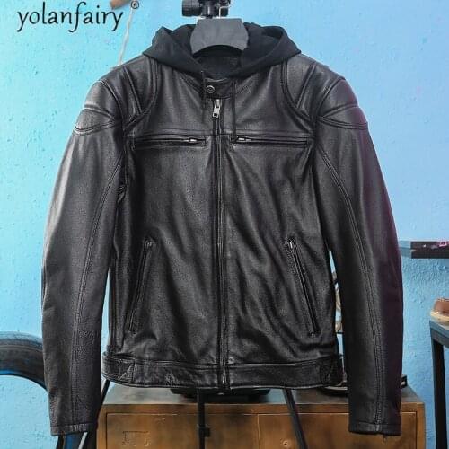 Genuine Leather Jacket Men 100% Cow Leather Coat Hooded Motorcycle Mens Jackets Spring Autumn Plus Size 5xl 2021 Hommes Veste