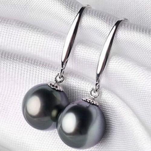 Charming 10-11mm round tahitian black pearl earring silver