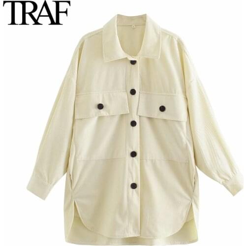 Traf Za Women Clothing 2021 Autumn Winter Korean Loose Big Pocket Corduroy Coats Oversized Fashion Tooling Jacket