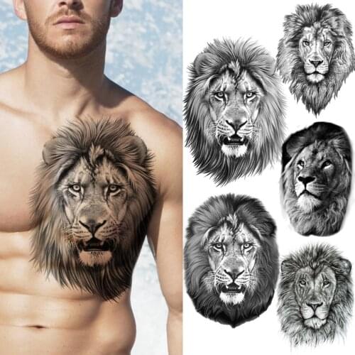 Black Realistic Lion Head Chest Temporary Tattoos For Men Adult Black Fake Animal Tattoo Sticker Body Art Transfer Tatoo