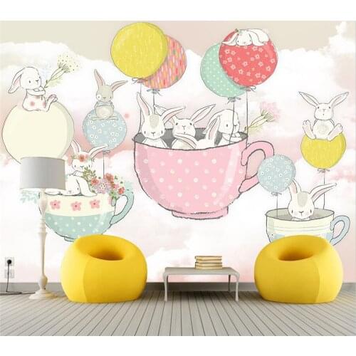 Custom wallpaper creative 3D cartoon bunny mural hand-painted balloon teacup childrens room background wall decoration painting