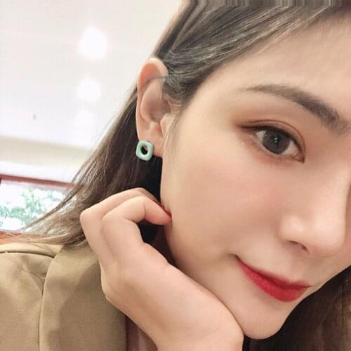 Silver Plated Needles Double Colors Squares Hollow Geometry Orange Yellow Dark Light Blue Stud Earrings for Women