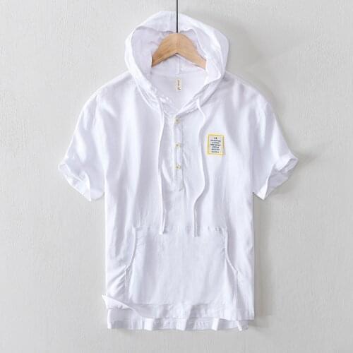 Mens Linen Hooded Shirts Casual Short-Sleeved Pullover Shirt For Men Solid Tops Fashion Streetwear Camisa Shirt Men TS-714