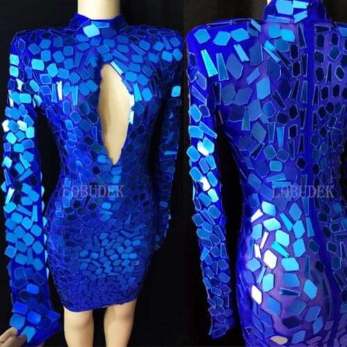 Sexy Hollow Out Blue Mirror Short Dress Women Birthday Celebration Evening Performance Singer Transparent Dress Nightclub Dress