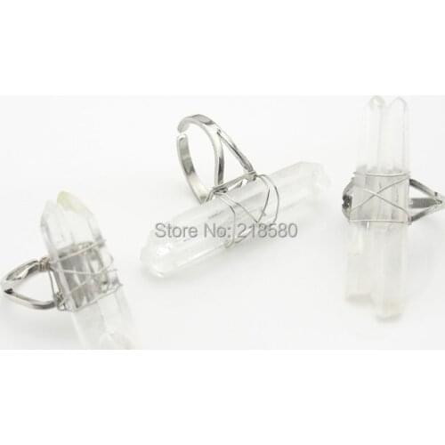 DR1FF1055S Double Crystal Quartz Point Wire Wrapped Ring Silver