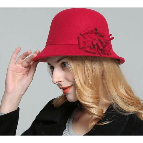 Women Elegant Cloche Fashion Flower Felt Warm Round Holiday Bucket Hat Autumn Winter Imitation Wool Bowler Cap Vintage Wide Brim