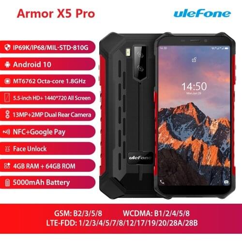 Ulefone Armor X5 Pro 5.55" HD+ Rugged Smartphone 4GB+64GB Android 10.0 Waterproof Cell Phone NFC 4G LTE 5000mAh Mobile Phone