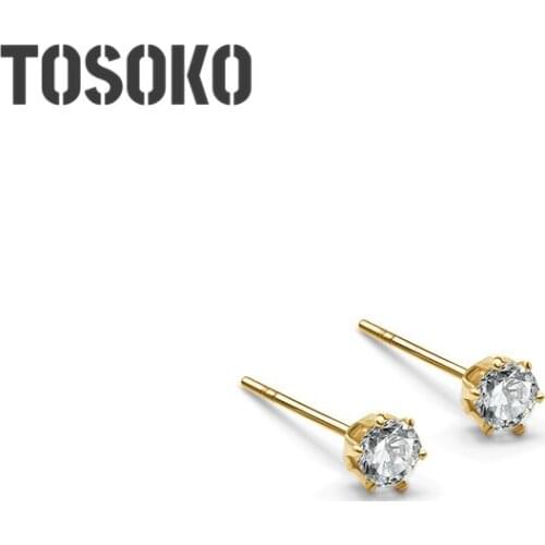 TOSOKO Stainless Steel Jewelry Super Flash 3A Single Zircon Stud Simple Earrings For Women BSF414
