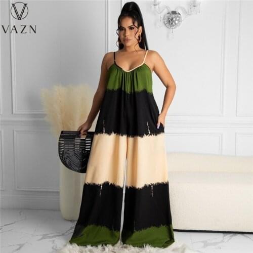 VAZN 2021 Clubwear Slim Sleeveless Spaghetti Strap Patchwork Print Chiffon Sexy Club Holiday Joker Women Loose Jumpsuits