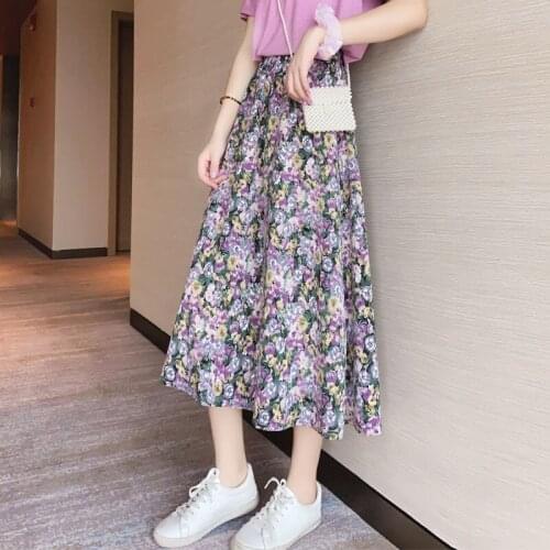 Stylish Elegant Skirts Womens 2021 Summer Outfits Elastic Waist A Line Midi Skirt Floral Print Casual Bottoms Y2k Boho Style Hot