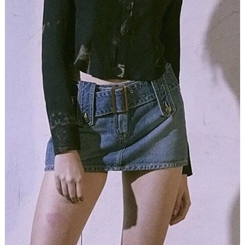 Punk Y2K Women Belted Denim Micro Skirts E-girl Streetwear Chic Low Waist Blue Mini Skirt 90s Aesthetics Bottoms