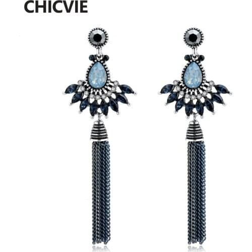 CHICVIE Trending Now Vintage Luxury Push-Back drop Earrings for Women Rhinestone Metal Tassel Jewelry for Party Gift SER160119