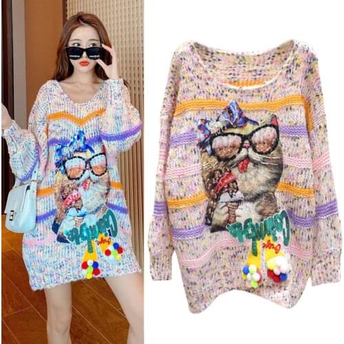 Runway Sequins Oversized Warm Sweater For Women Hand Work Beading 2020 Casual Knitted Full Sleeve Plus Size Loose Pullover