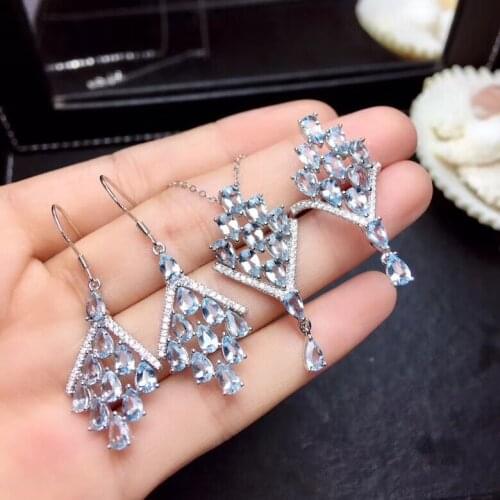 Luxurious big Tassels Natural blue Aquamarine ring Pendant Earrings Natural Gemstone Jewelry Set S925 Silver Women party jewelry