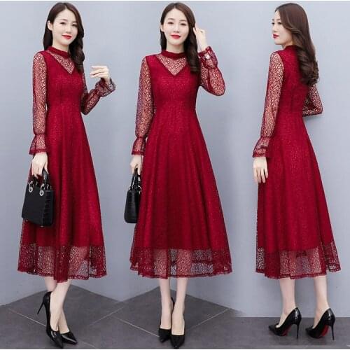 Autumn Womens 2021 New High-End Lace Dress Spring Long Sleeve Fashion Hollow Out Elegant Party Dress Midi Female Vestidos M167
