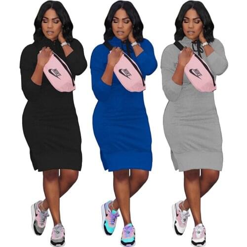 Casaul Women Autumn Dress Split Out Solid Color Hooded Drawstring Streetwear Dresses For Women Outfit Vestidos