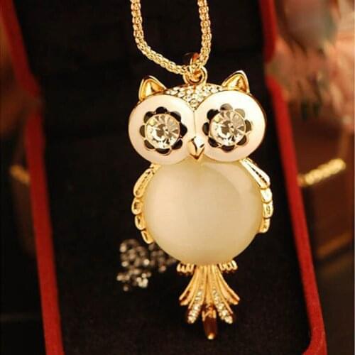 Cute Crystal Eye Big Round Opal Body Owl Snake Chain Long Golden Necklace for Women