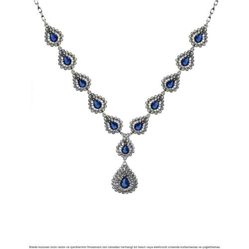 Silver Filigree Stem Sapphire Stone Women Necklace