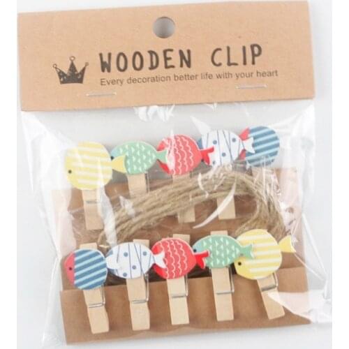 10 pcs/lot Kawaii Bubble Fish Wooden Clip Photo paper Clothespin Craft Clips Party Decoration Clip with Hemp Rope